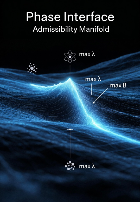 Operator trajectories in the admissibility manifold showing flat (metric) and curved (structural) directions approaching the boundary Aκ = 1, with the physical configuration at α = 1.